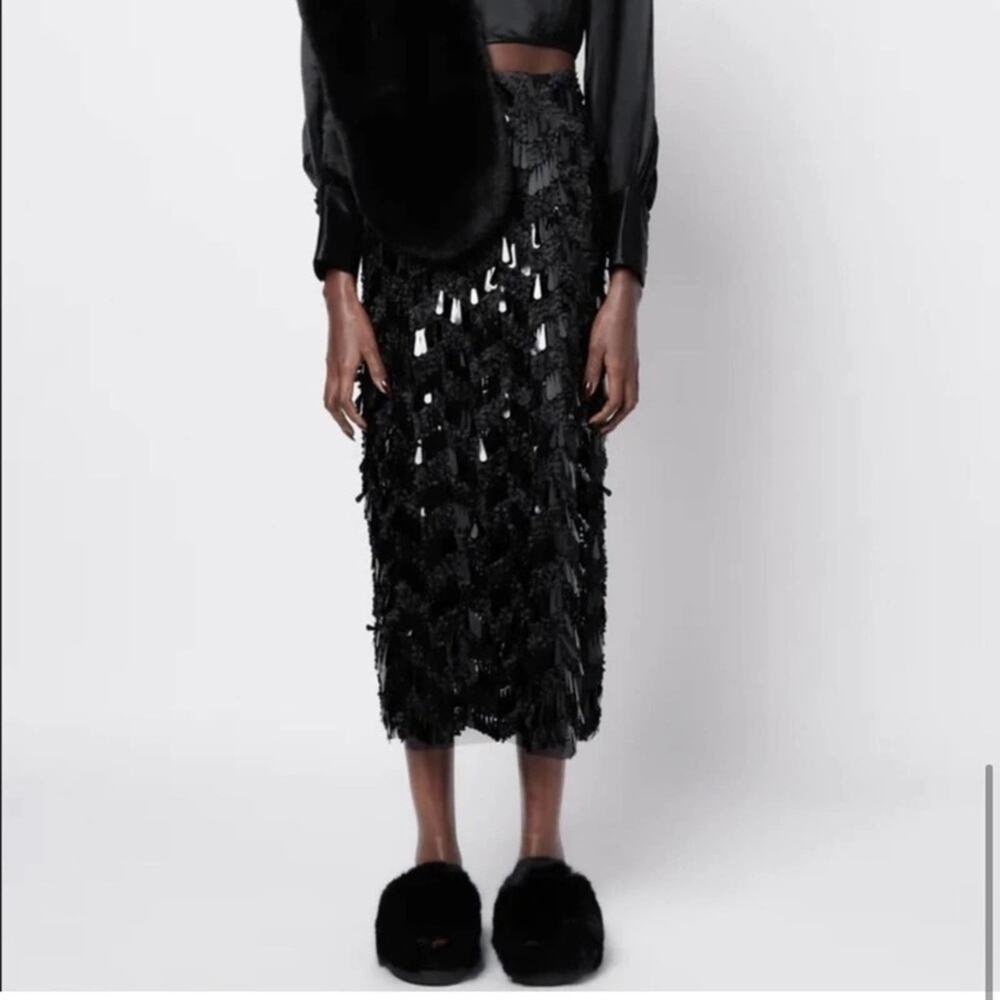 Zara Black Sequin Midi Skirt Size Extra Small XS - Picture 8 of 13
